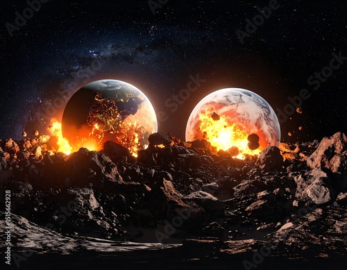 Two fiery planets clashing in space