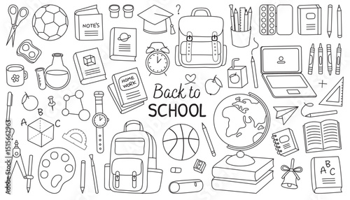 Back to school collection, doodle outline illustrations. Set of school supplies. Globe, backpack, books, watches, notebooks, pencils, laptop.