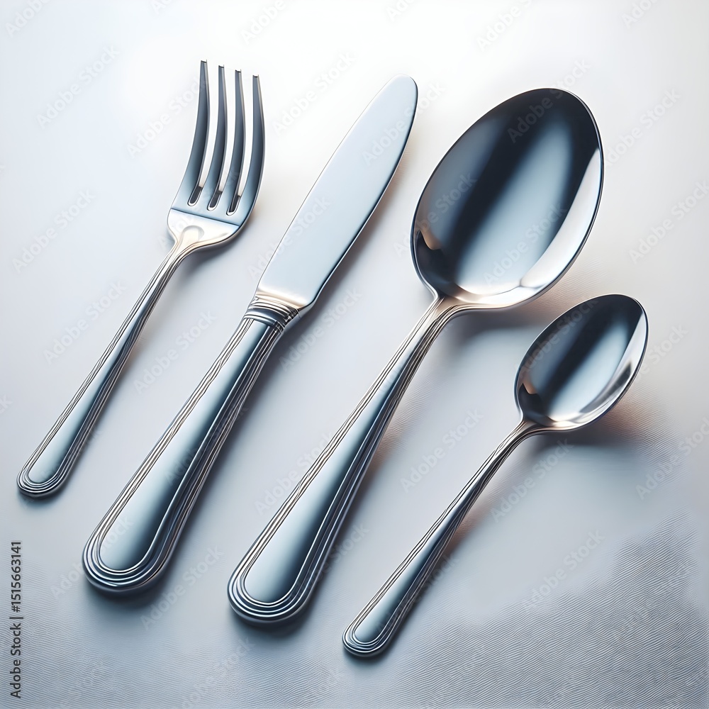 Neatly arranged stainless steel fork knife and spoon set on pure white background with sharp reflections and soft studio lighting Neatly arranged stainless steel fork knife and spoon set on pure white background with sharp reflections and soft studio lighting