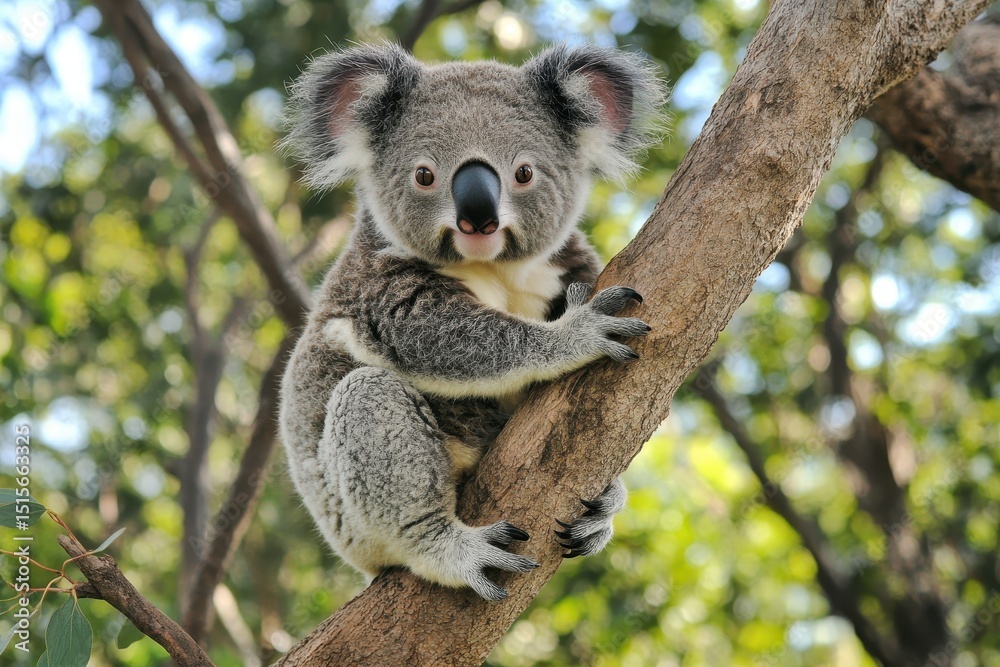 Obraz premium Cute koala bear observed sitting on tree branch in natural habitat during daytime, Cute Koala bear looks around and sits on tree branch