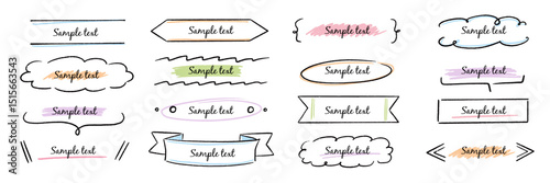 Text box hand drawn banner, frame set. Hand style brush stroke, rustic banner, cute tag, label, ornament and highlight. Graphic text shape, headline badge decoration elements. Vector illustration