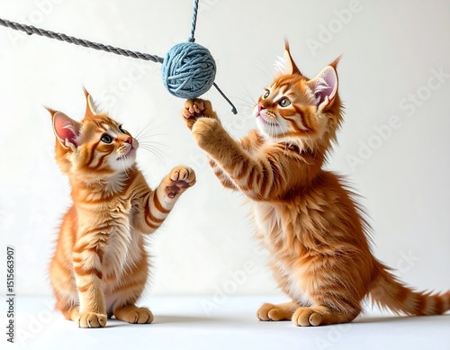 Two ginger kittens playing with a ball of yarn