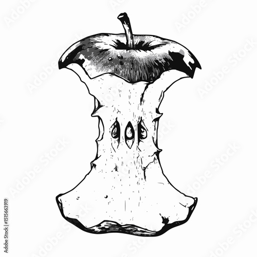 A detailed, hand-drawn sketch of an eaten apple core, showing the textured remnants of the fruit and visible seeds.