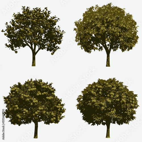 A four-panel image showcasing various fruit trees: an apple tree, a pear tree, an orange tree, and a mango tree, all bearing fruit.