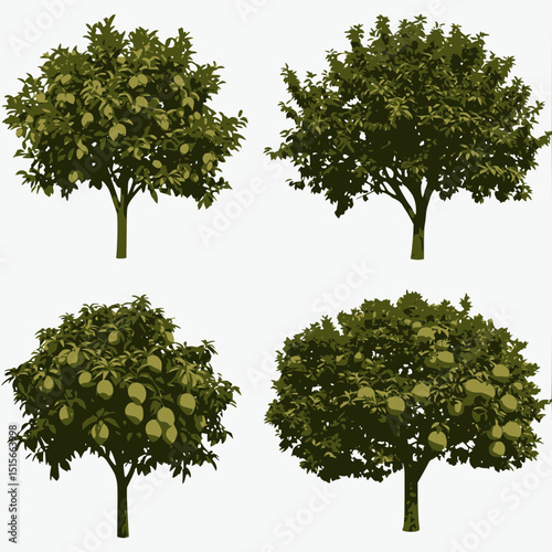 A four-panel image featuring different fruit trees: a lemon tree, a plum tree, a mango tree, and an orange tree, each laden with fruit.