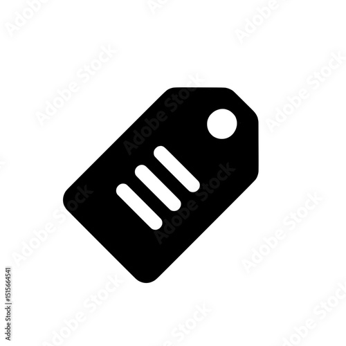 Angled Black Tag Icon with Bold Horizontal Bars for Price Display and Shopping Label