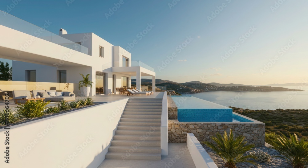 Obraz premium Modern villa overlooks the sunlit sea