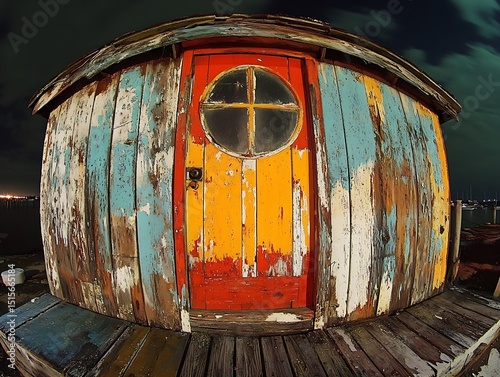 Whimsical weathered shack with vibrant textures and a peculiar round door