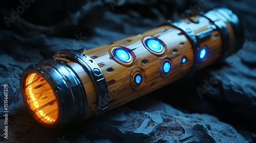 Futuristic Wooden Cylinder with Glowing Blue and Orange Lights on a Rocky Surface