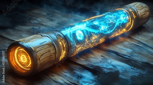Encapsulated plasma energy core lying on an aged wooden surface backdrop