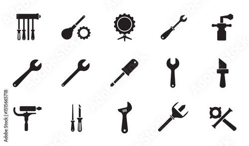 A collection of black and white tool icons illustrating various construction and repair tools