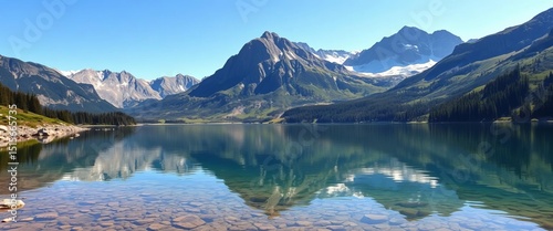 Crystal clear mountain lake reflecting serene peaks, tranquil nature escape,  holiday,  image