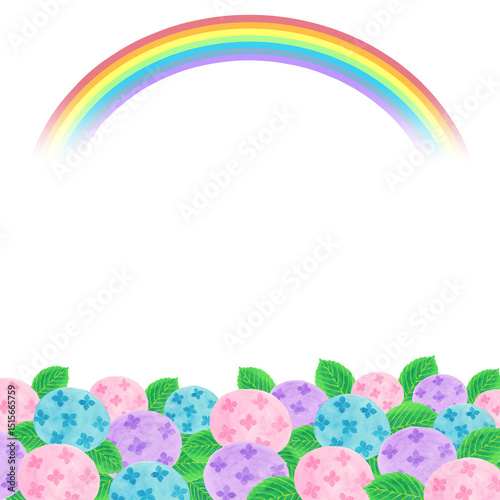 七色の虹とアジサイの背景イラスト