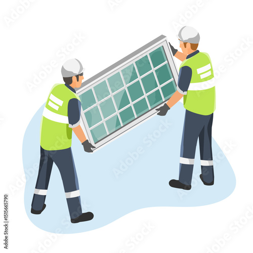 Window installer sealing glass panels while two construction workers in safety vests carefully handle large window frame in isolated workplace setting