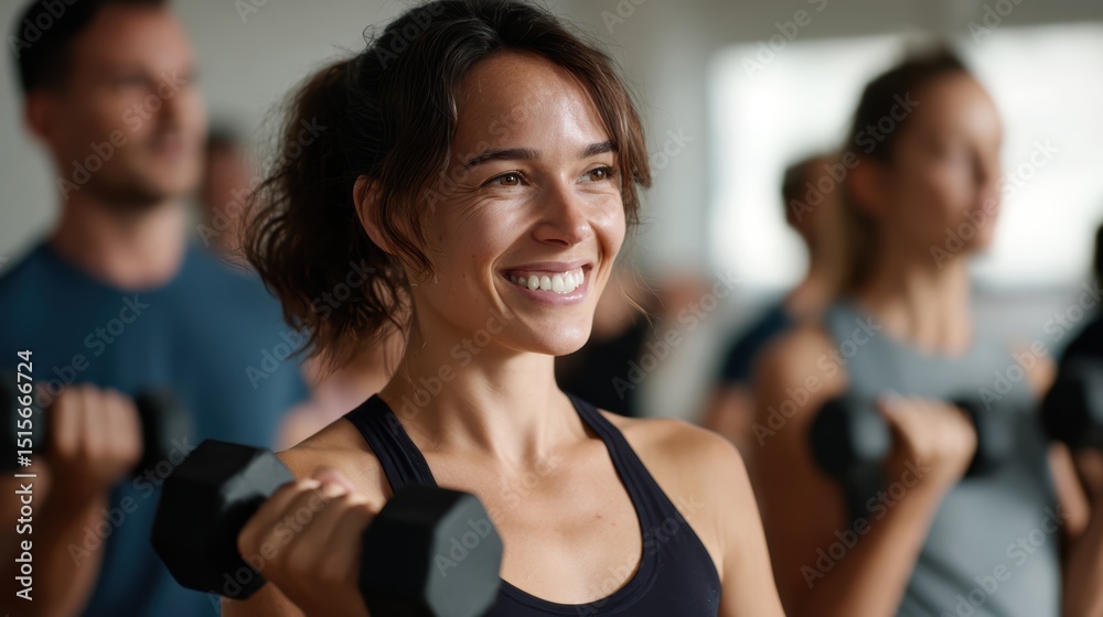 Fototapeta premium Woman fitness class is smiling while holding dumbbells, surrounded by other participants engaged their workout. atmosphere is energetic and motivating, showcasing commitment to health and fitness