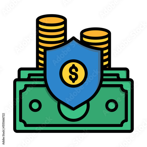 Secure Financial Savings Represented by Cash, Coins, and a Protective Shield