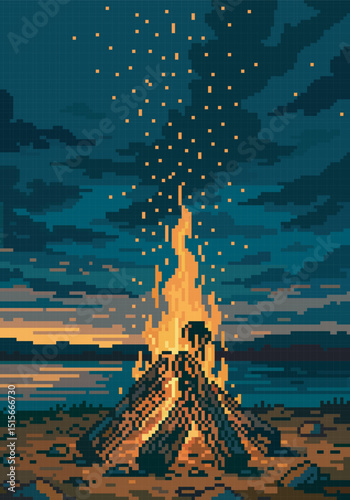pixel art of campfire on the beach, vector illustration on isolated background.