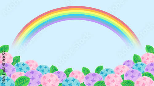 七色の虹とアジサイの背景イラスト