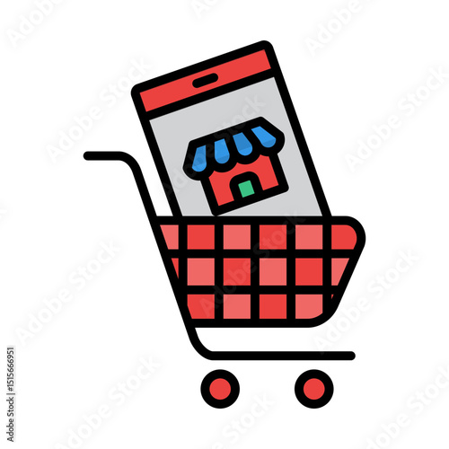 Digital Shopping Cart With Smartphone Displaying Small Store Icon