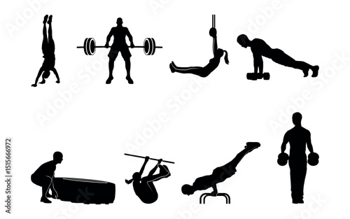 Set of Crossfit Silhouette in various poses isolated on white background