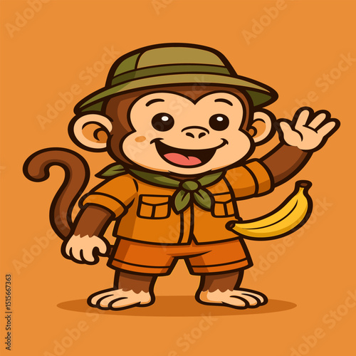 A cute monkey in jungle explorer clothes, waving one hand and holding a banana in the other, with a playful expression on a solid-color background.
