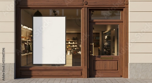 Shop window with blank white promotional poster and glass and wooden door