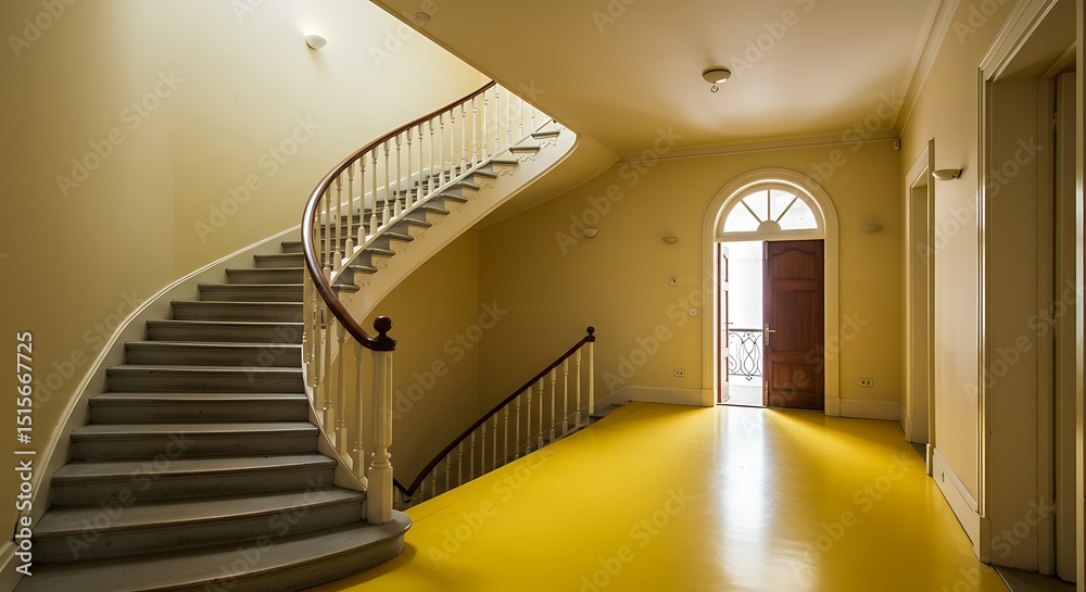 Obraz premium Bright hall interior in apartment with yellow floor and staircase with arch door