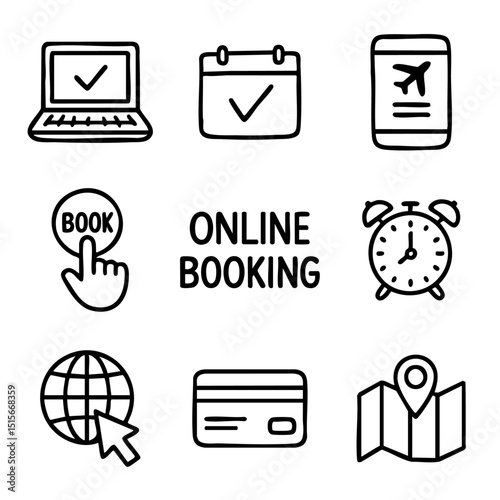 A set of doodle line icons representing online booking, travel planning, payment, calendar, location, schedule, and trip reservations