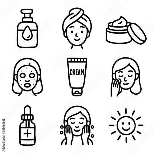A set of doodle line icons illustrating skincare steps such as cleansing, moisturizing, applying cream, serum, and using facial masks