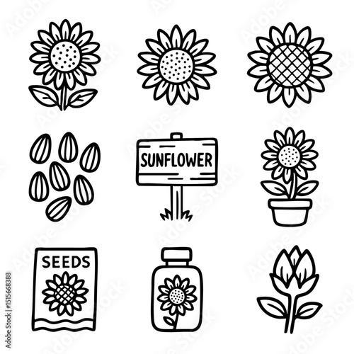 A set of doodle line icons featuring sunflowers, seeds, potted plants, packaging, and floral gardening tools and concepts
