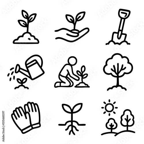 A set of doodle line icons illustrating planting, gardening tools, seedling growth, watering, trees, nature, and environmental care