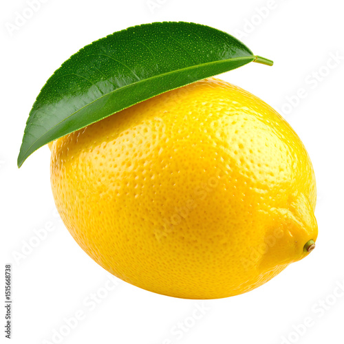 A ripe yellow lemon with a textured peel and a single fresh green leaf resting on top photo