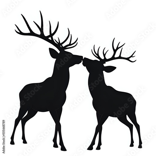Silhouette of two deer locking antlers in combat, dynamic composition, bold black vector design, perfect for outdoor sports branding.