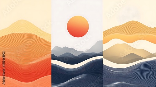 Abstract landscape art with layered hills and soft colors.