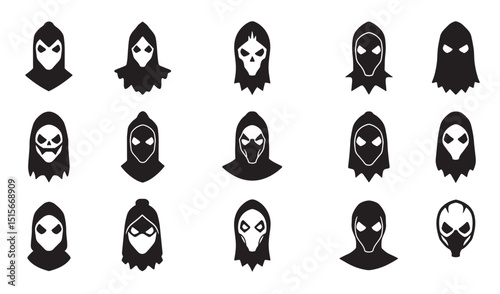 Collection of minimalist grim reaper hooded silhouette icons in various styles and expressions