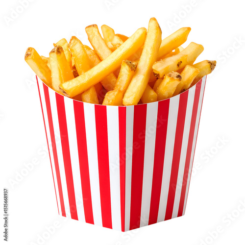 A serving of crispy golden French fries in a red and white striped paper container, featuring a classic fast food presentation with slightly browned edges