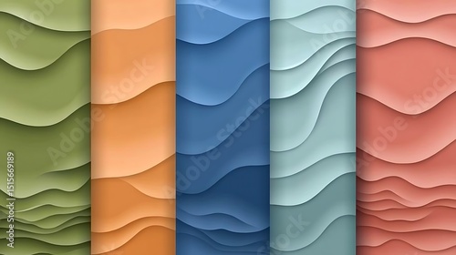 Abstract wavy layered patterns in various colors.
