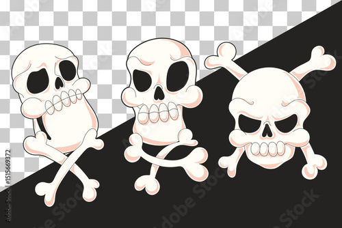 Cartoon flat Halloween skull illustration set with fun, creepy, and spooky character faces. Ideal for posters, flyers, social media, and themed Halloween graphic assets.