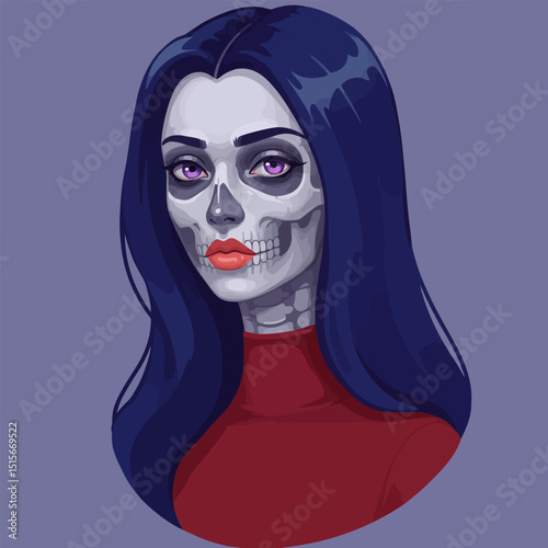 Woman with Skull Face Paint and Dark Hair Vector Illustration