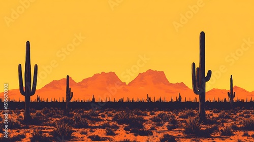Silhouette of desert landscape at sunset.