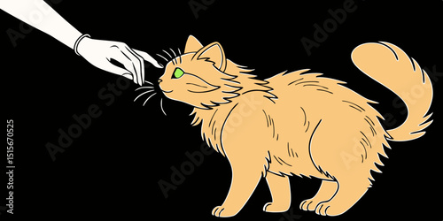 A cute yellow cat pet animal with green light eyes in black background vector illustration.