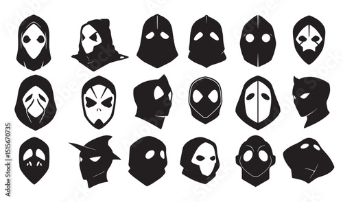 Diverse silhouettes of masks and hooded figures depicting mystery and intrigue vector illustration