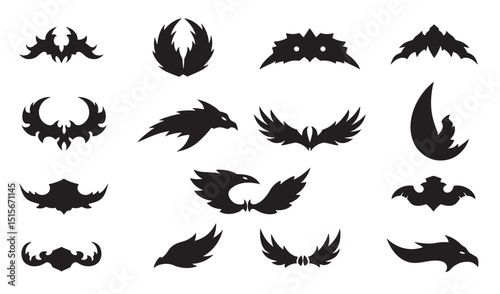 Set of black silhouette designs featuring various wing shapes and avian elements
