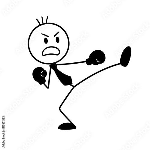 Angry stick figure kicking in boxing gloves