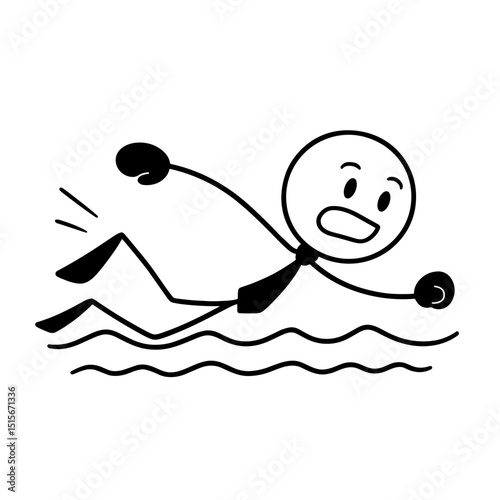 Stick figure swimming with determined face