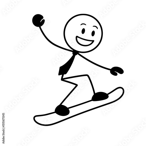 Stick figure snowboarding with a cheerful face