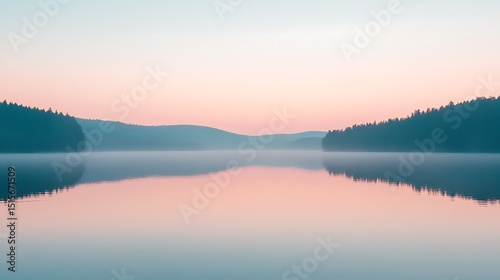 Misty sunrise over a tranquil lake.