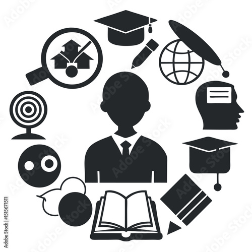 Silhouette Icons of Art and Education – Vector Set on White Background