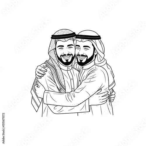 Joyful Vector Illustration of Two Muslim Men Embracing for Eid Celebration - Muslim-Men-Hugging-Eid-Greeting-Vector