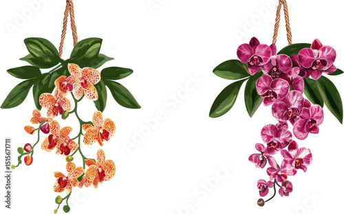 Orange and purple hanging orchid flowers with green stems and leaves. Cutout illustration with clipping path for decoration